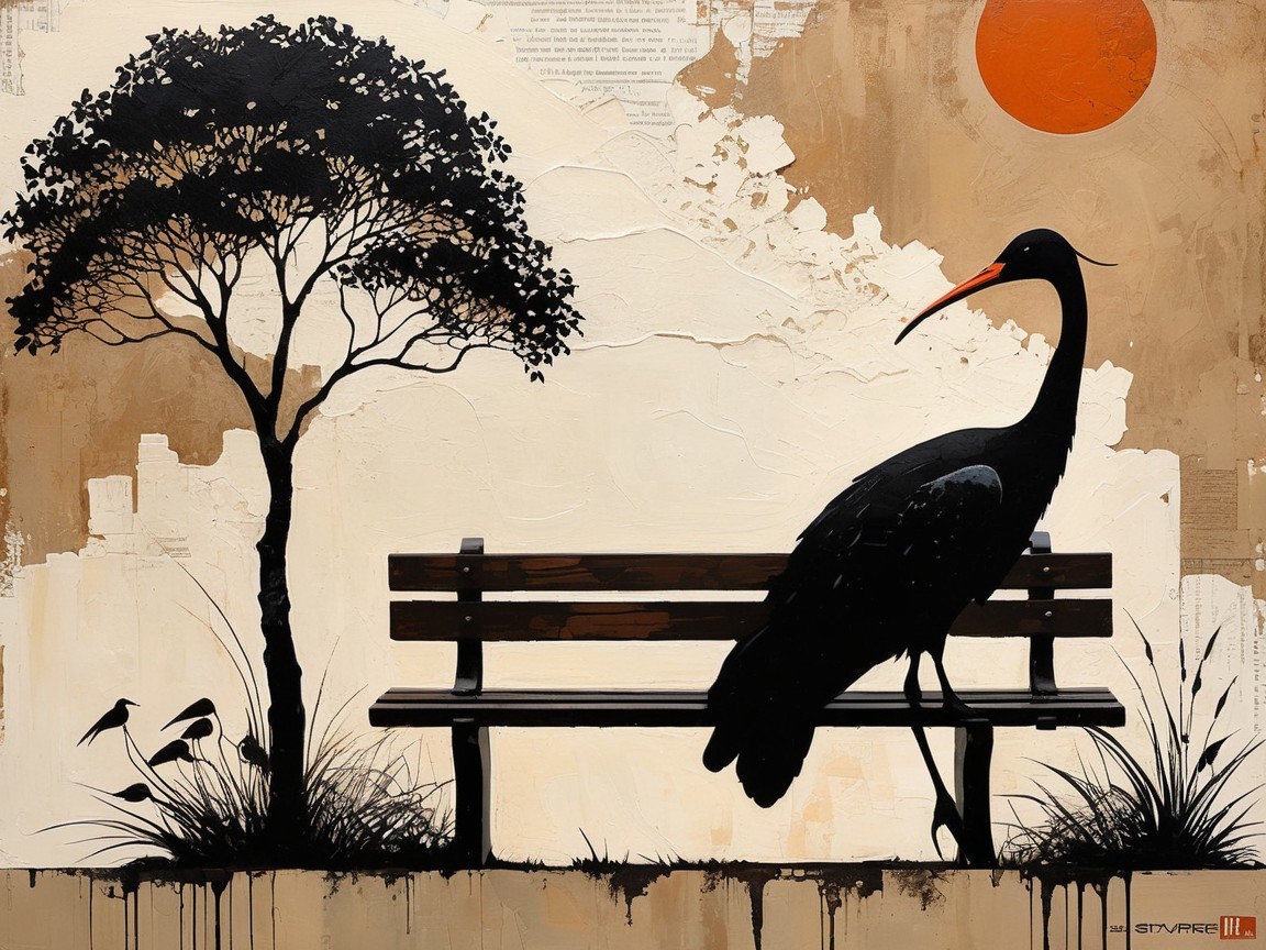 Silhouette of Crane by Bench Under Orange Sun