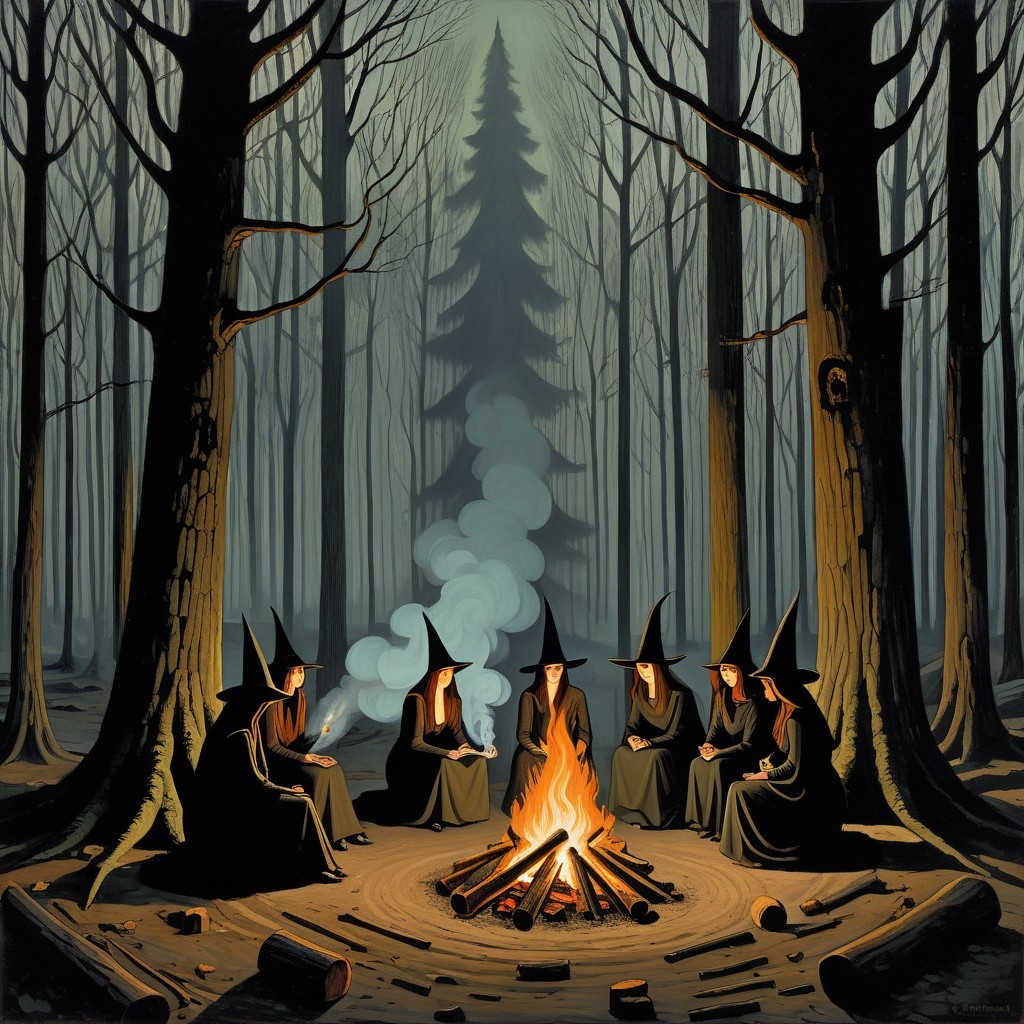 Gathering of Witches Around a Campfire in a Forest