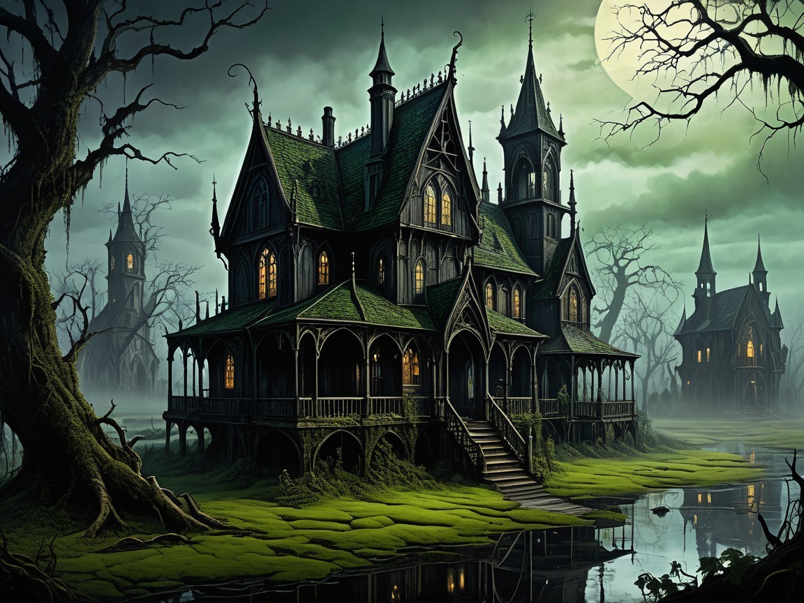 Gothic mansion under a full moon with eerie surroundings