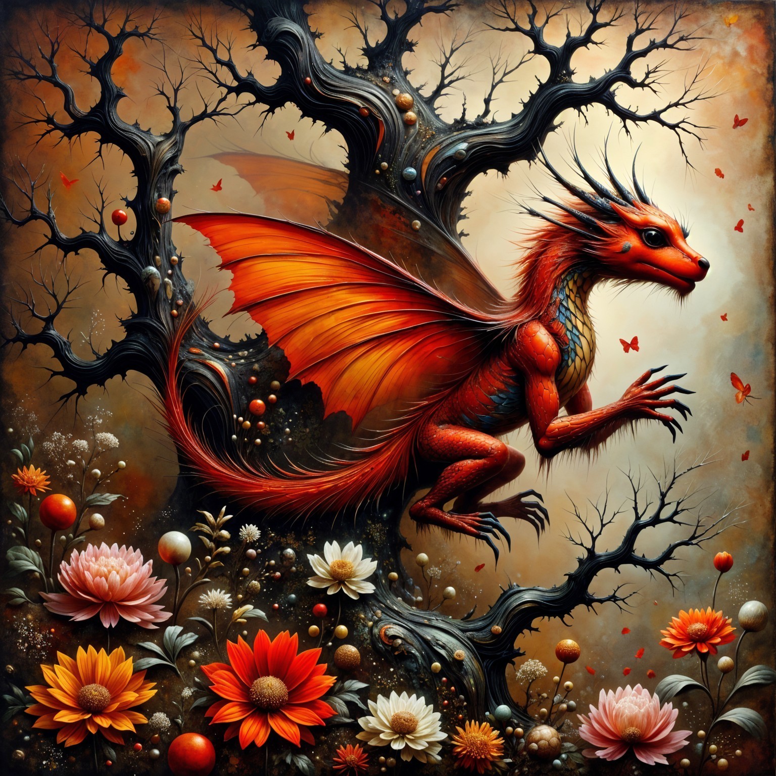 Mythological dragon on black tree with vibrant colors