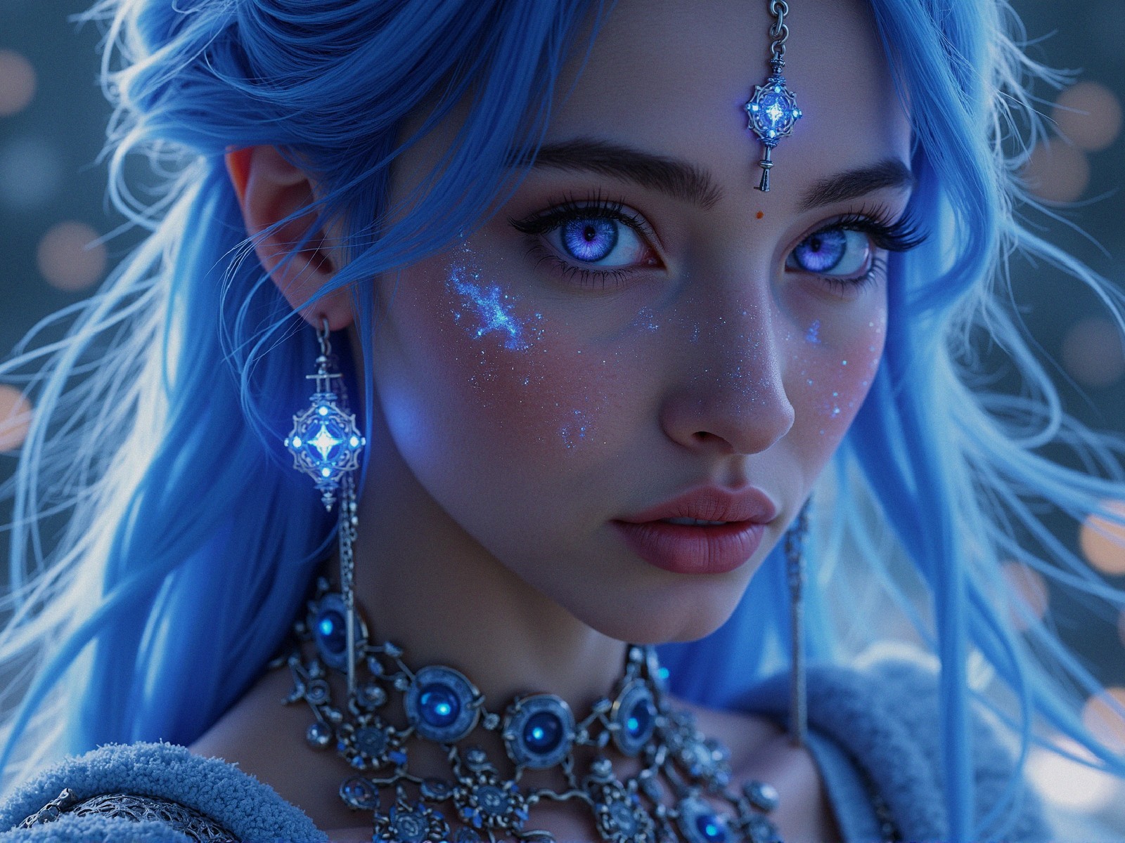 Portrait of a Young Woman with Blue Hair and Eyes