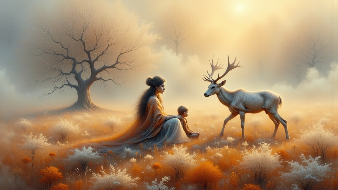 Autumn Landscape with Woman, Child, and Stag