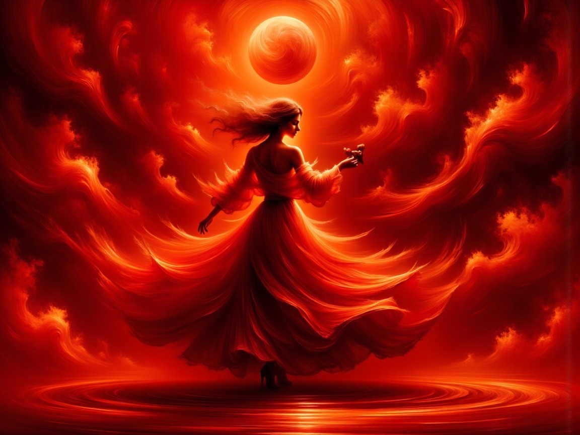 Woman in flowing dress amidst swirling fiery colors