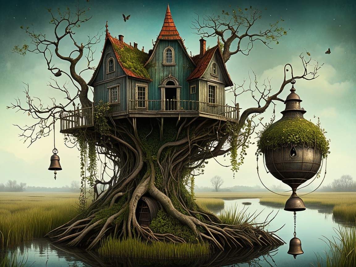 Whimsical Treehouse on a Gnarled Tree in Marshland