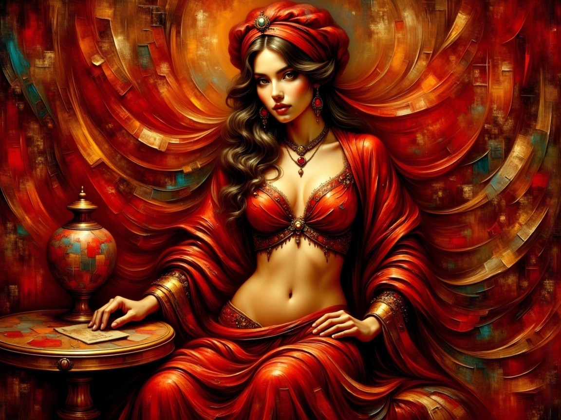 Elegant Woman in Red Fabric Surrounded by Vibrant Patterns