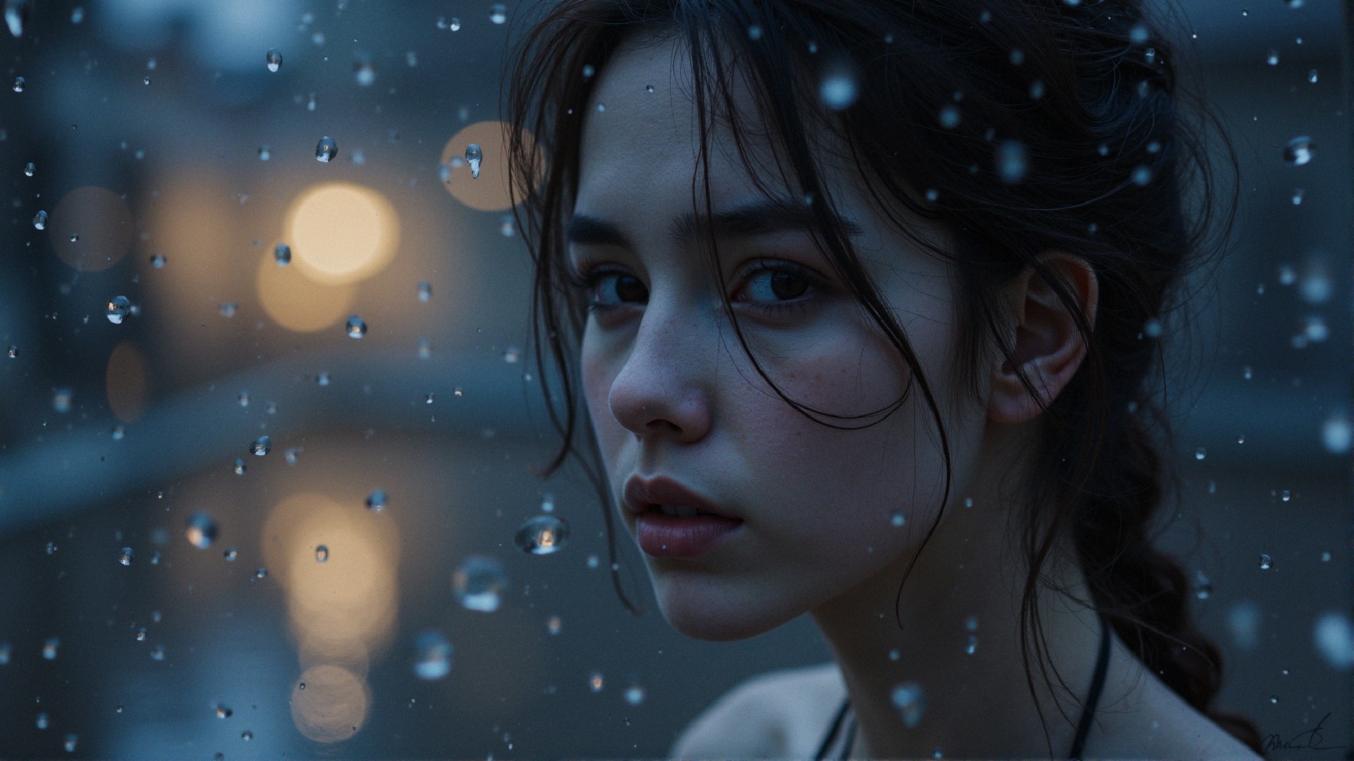 Contemplative Young Woman in Dreamy Rainy Atmosphere