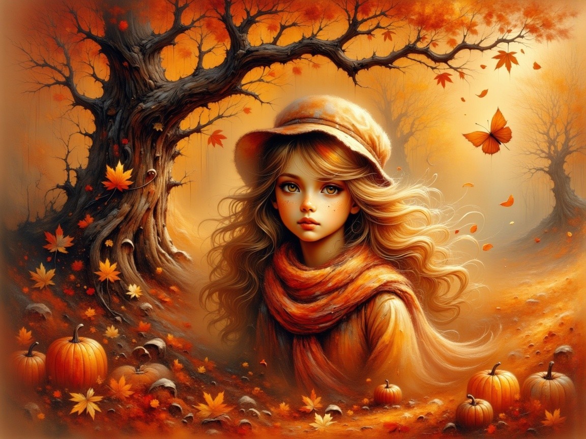 Dreamy Autumn Scene with Girl in Cozy Scarf and Hat