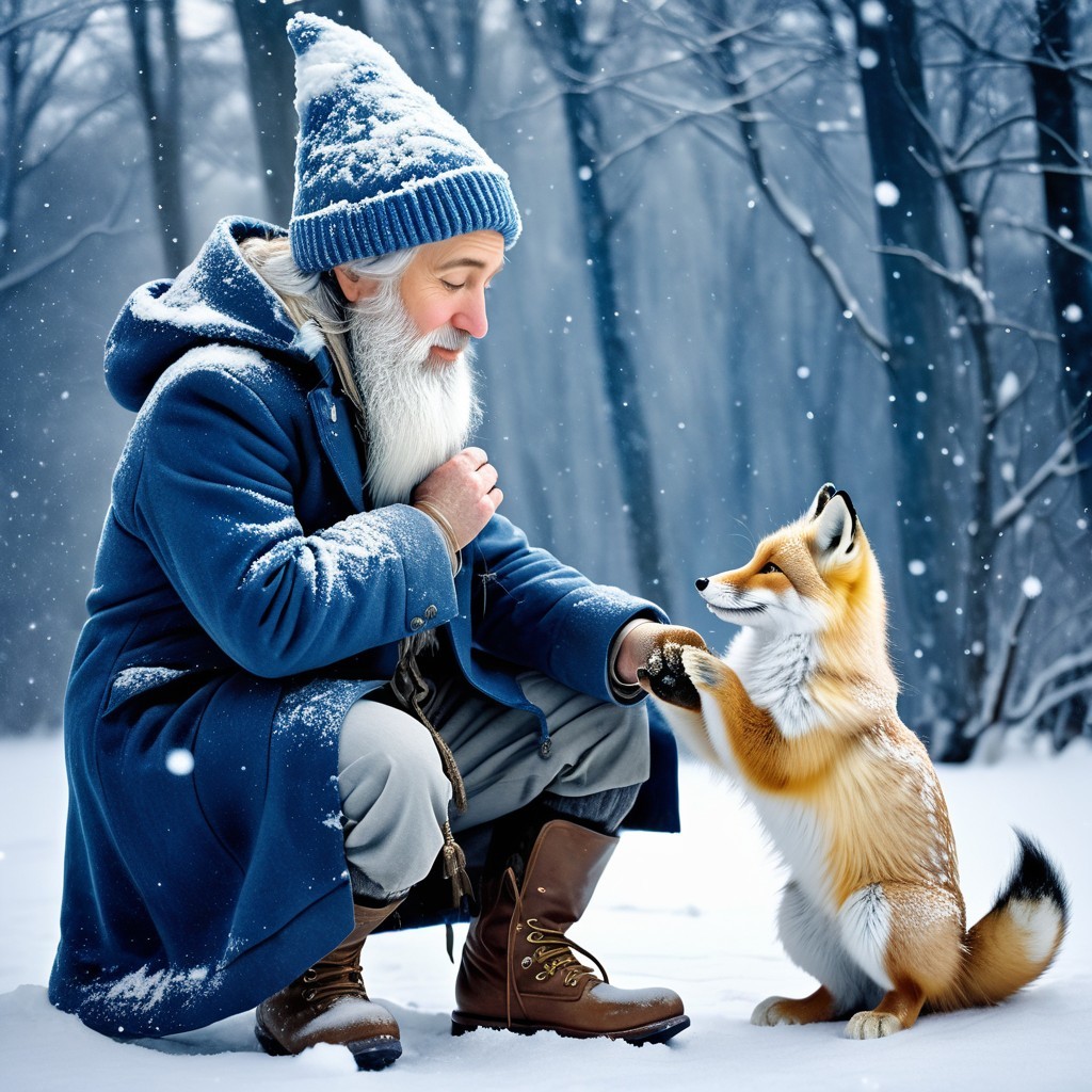 Winter Landscape with Man and Fox in Snow