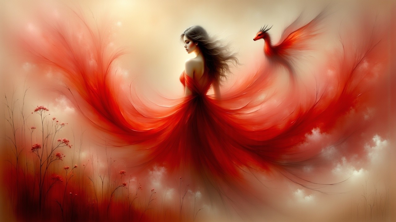 Whimsical Scene of Woman in Red Dress with Phoenix
