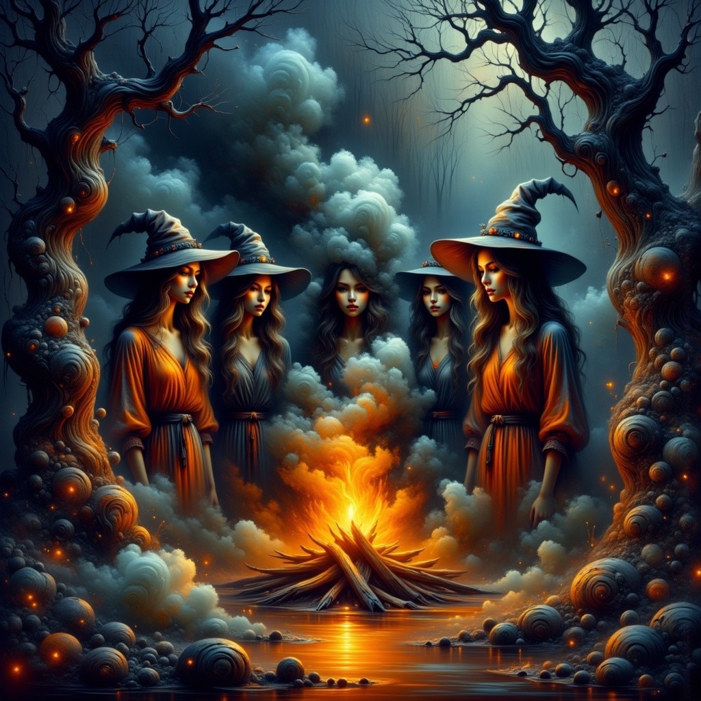Witch Figures Around a Campfire in a Mystical Forest