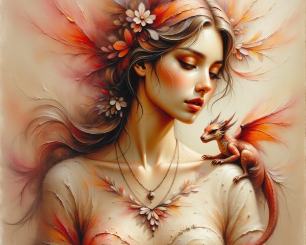 Serene Woman with Floral Crown and Whimsical Dragon