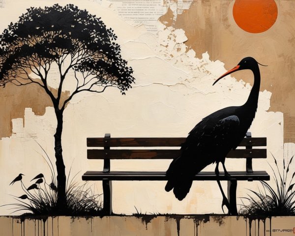 Silhouette of Crane by Bench Under Orange Sun
