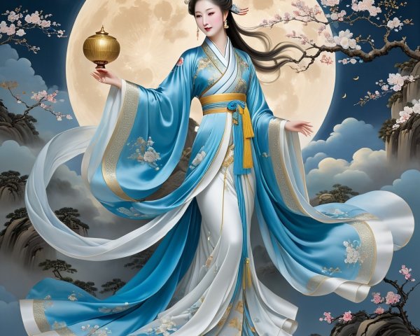 Serene Woman in Traditional Gown by Full Moon