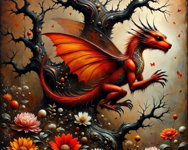 Mythological dragon on black tree with vibrant colors