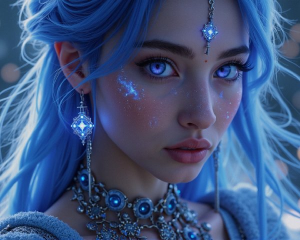 Portrait of a Young Woman with Blue Hair and Eyes