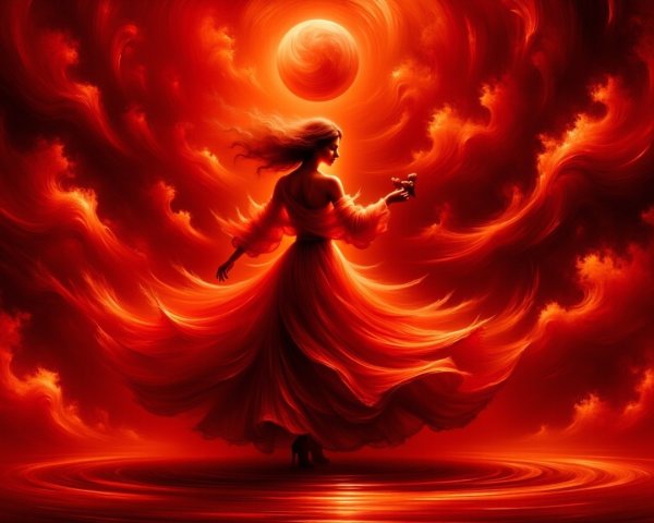 Woman in flowing dress amidst swirling fiery colors