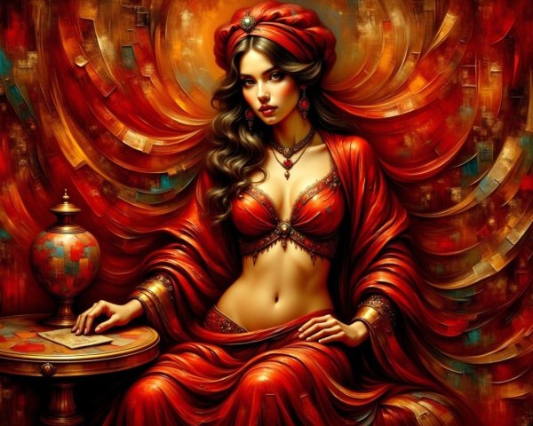 Elegant Woman in Red Fabric Surrounded by Vibrant Patterns