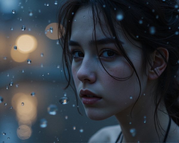 Contemplative Young Woman in Dreamy Rainy Atmosphere