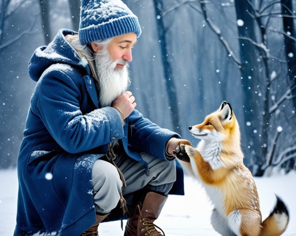 Winter Landscape with Man and Fox in Snow