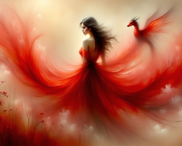 Whimsical Scene of Woman in Red Dress with Phoenix