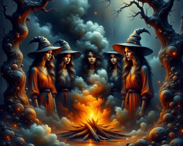 Witch Figures Around a Campfire in a Mystical Forest