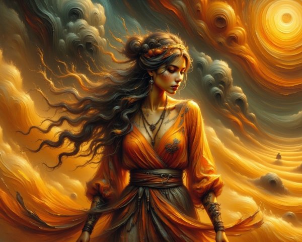 Woman in Orange Attire Against Dramatic Cloud Backdrop