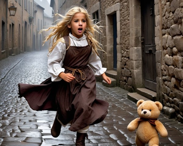 Young girl in brown dress running on cobblestone street