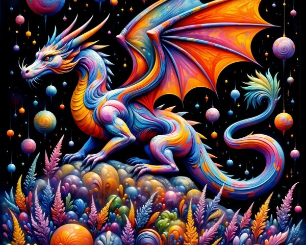 Psychedelic Dragon on Colorful Mound with Celestial Spheres
