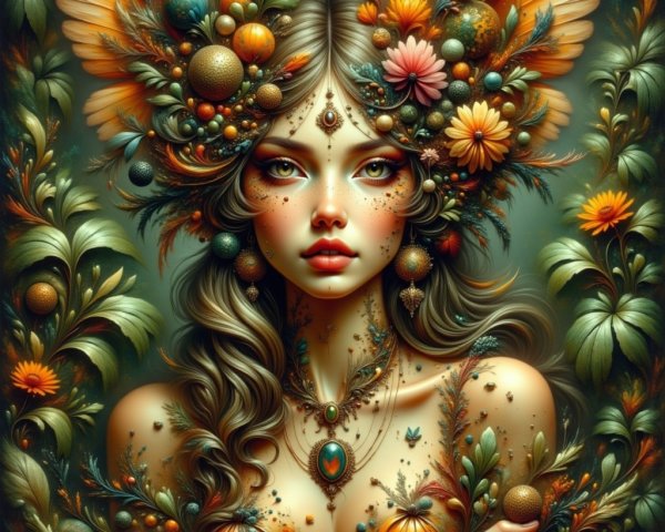 Intricate Portrait of a Woman Amidst Vibrant Flora