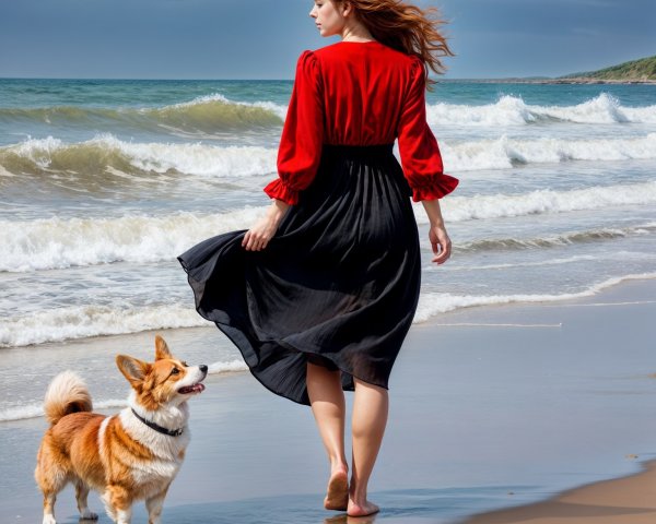 Woman in Red and Black Dress Walks on Beach with Corgi