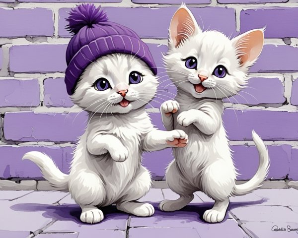 Playful White Kittens Dancing by Purple Brick Wall