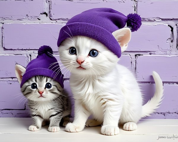Kittens in Purple Hats Against Pastel Brick Background