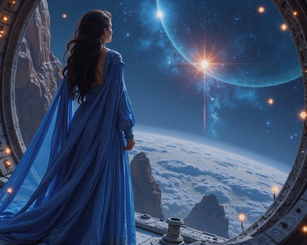 Woman in Blue Gown Gazing Through Cosmic Portal