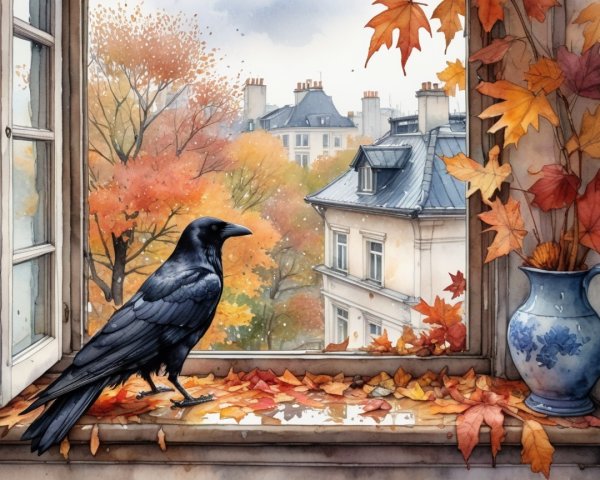 Raven on Windowsill with Autumn Leaves and Scenic View