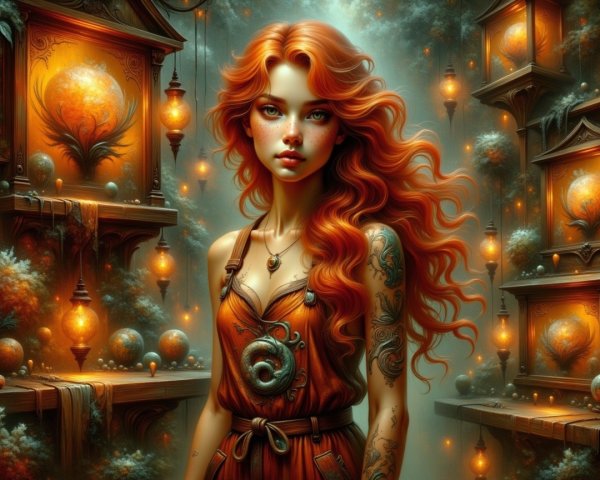 Young woman with red hair in a mystical setting