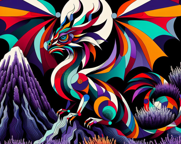 Vibrant Dragon on Rocky Outcrop with Abstract Mountains