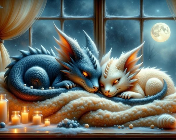 Dragon-like Creatures in a Cozy Moonlit Room