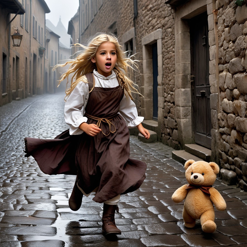 Young girl in brown dress running on cobblestone street
