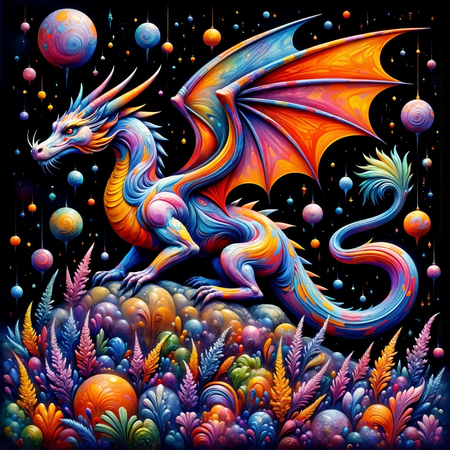 Psychedelic Dragon on Colorful Mound with Celestial Spheres