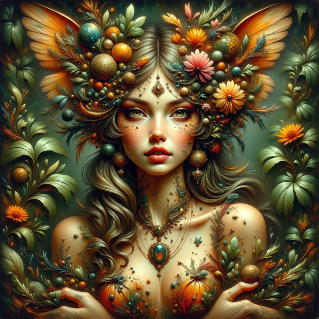 Intricate Portrait of a Woman Amidst Vibrant Flora