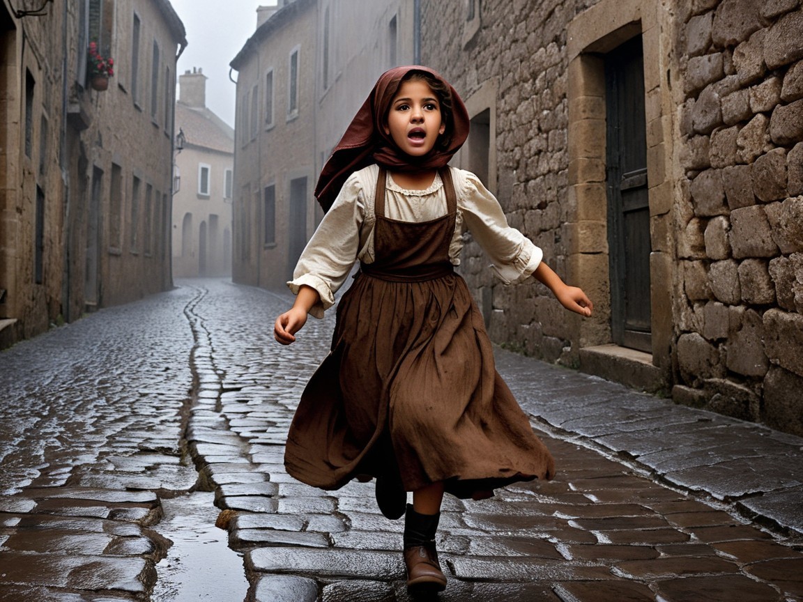 Young girl in brown dress runs through foggy village
