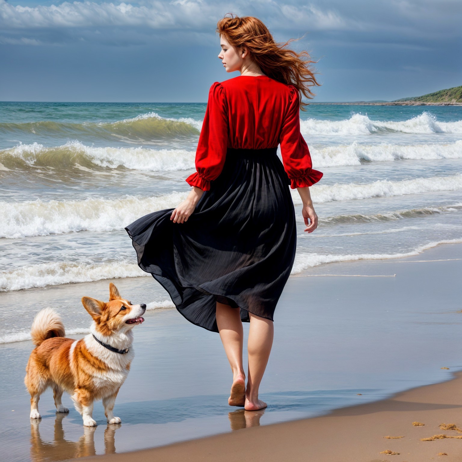 Woman in Red and Black Dress Walks on Beach with Corgi