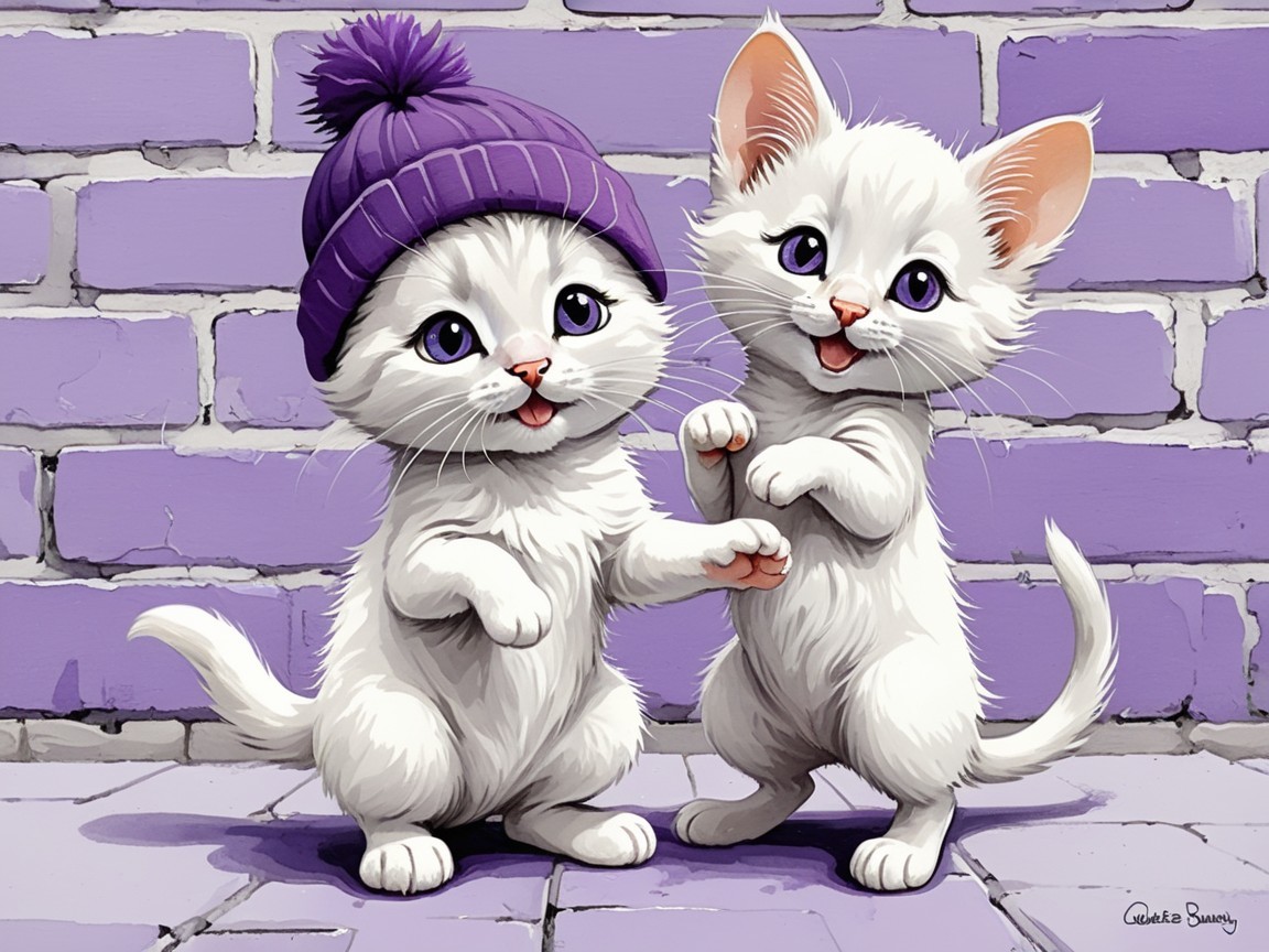 Playful White Kittens Dancing by Purple Brick Wall