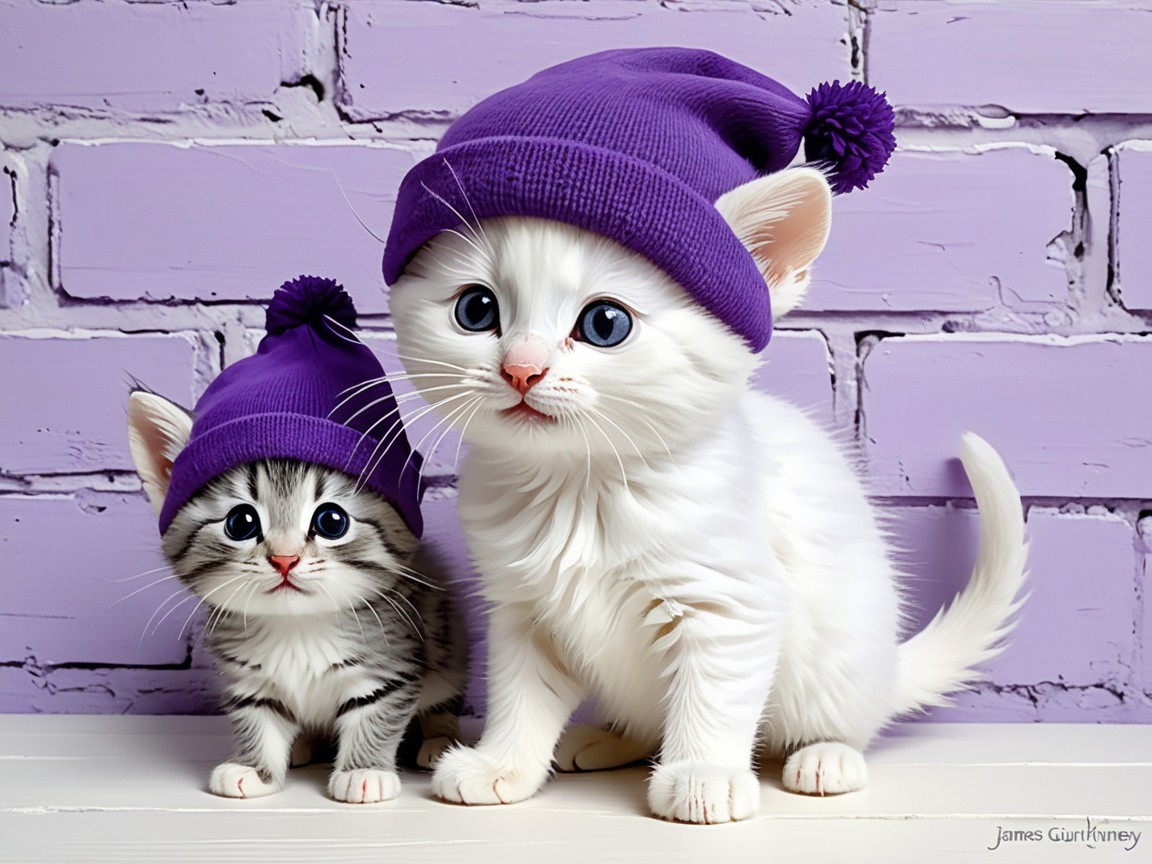 Kittens in Purple Hats Against Pastel Brick Background