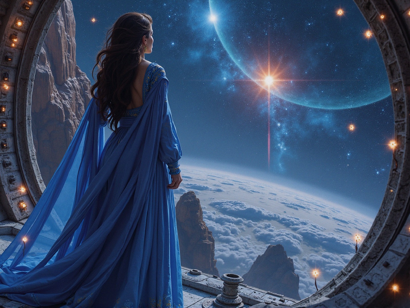 Woman in Blue Gown Gazing Through Cosmic Portal