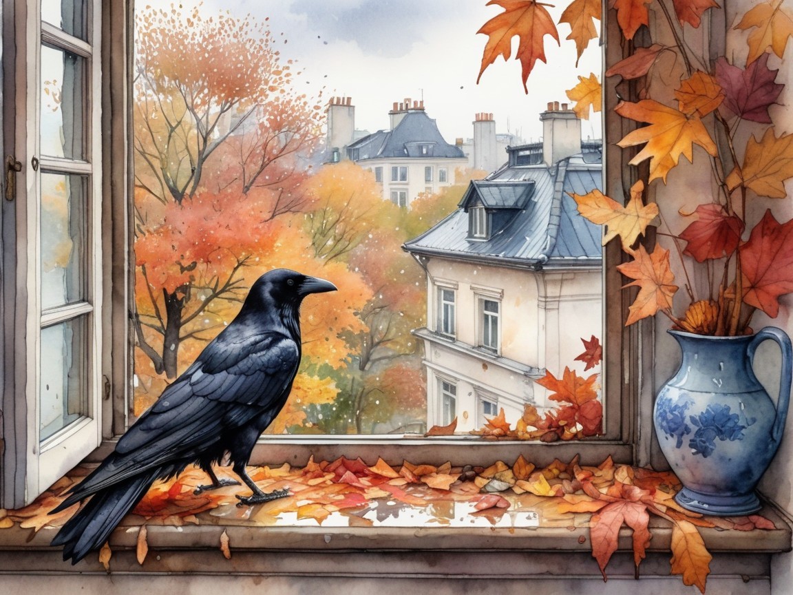 Raven on Windowsill with Autumn Leaves and Scenic View