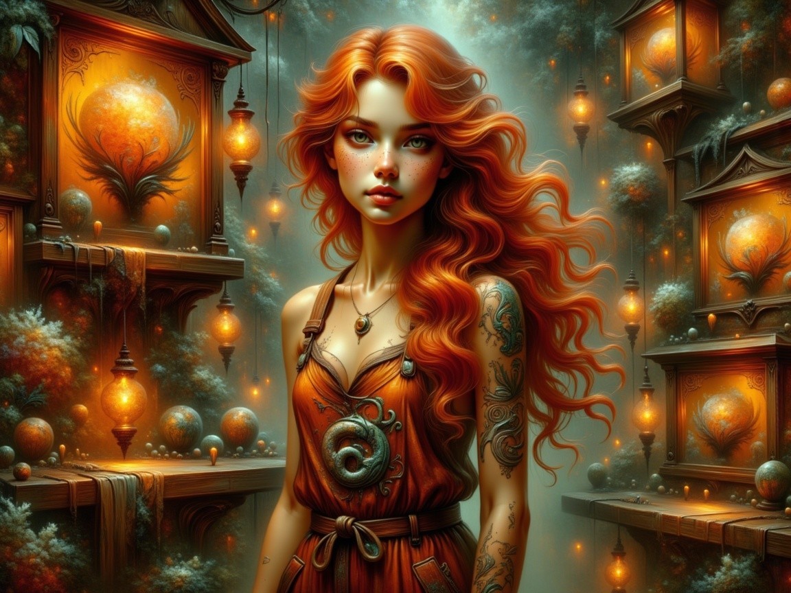 Young woman with red hair in a mystical setting