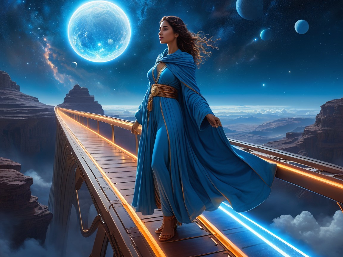 Mystical Woman on Futuristic Bridge in Cosmic Landscape
