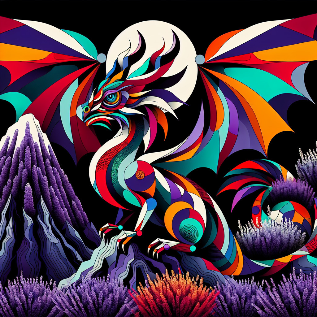 Vibrant Dragon on Rocky Outcrop with Abstract Mountains