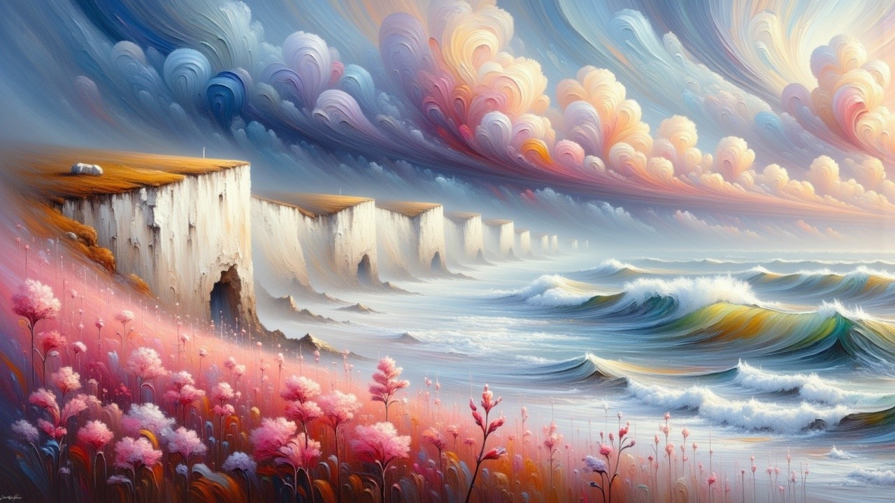 Vibrant Coastal Landscape with Dramatic Cliffs and Waves